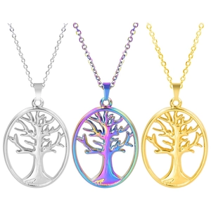 Detailed view of Tree of Life oval pendants in silver, gold, and rainbow finishes