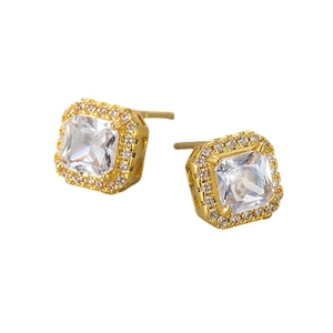 Elegant gold square stud earrings with central cubic zirconia and halo diamond accents