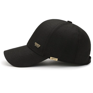 Classic black men's baseball cap with gold sports style logo and curved brim