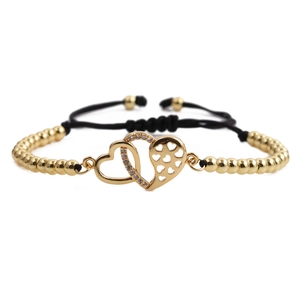 Minimalist double heart gold zircon bracelet with black braided cord and adjustable beads