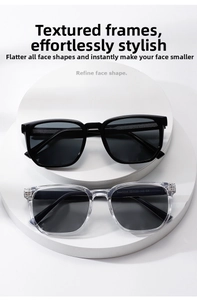 Close-up of black and crystal square sunglasses with size details on the inner arm