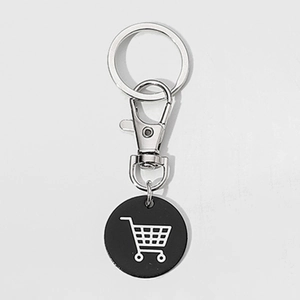 Détail du porte-clés jeton de caddie en acier inoxydable avec pendentif rond noir