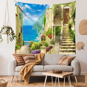 Detail of high-definition Mediterranean coastal scenery tapestry hanging above a sofa