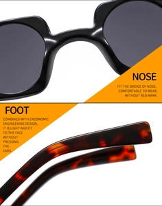 Detail of square sunglasses showing ergonomic nose pads and leopard print temples