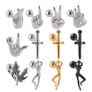Stainless Steel Hand Gesture Sword Leaf Body Stud Earrings Cartilage Piercing Heart OK Victory Finger Earring Jewelry