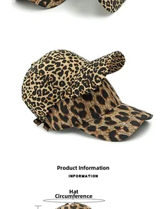 Close-up of leopard print baseball cap featuring cotton canvas and metal back buckle
