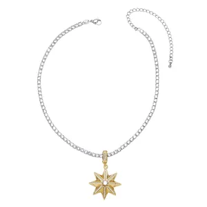 Gold star pendant necklace with cubic zirconia and silver tennis chain for women