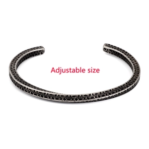 Retro stainless steel open cuff bracelet with vintage textured scales and adjustable size