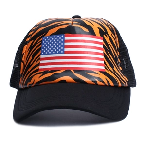 Mesh baseball cap featuring orange tiger print and USA flag patch on a black crown