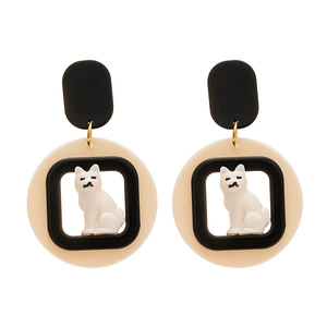 Cartoon kitten acrylic earrings with black matte studs and geometric color block design