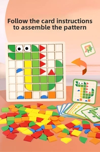 Macro detail of the wooden mosaic puzzle set with colorful geometric blocks and cards