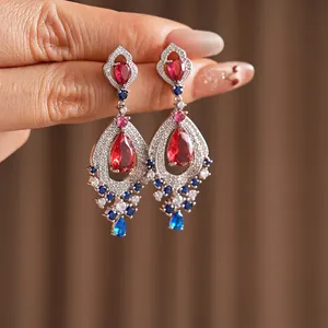 Vintage water drop earrings with red ruby-style zircon and sparkling crystal fringe