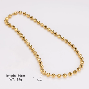 Detail of 8mm gold bead chain necklace with 60cm length and 39g weight specs