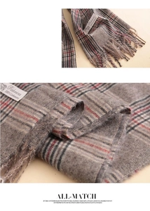 Detail of 100% cashmere scarf label and texture with classic multi-color plaid pattern