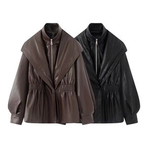 Veste En Similicuir PU Femmes Manteau Vintage Effet Usé Avec Revers Fermeture Éclair Taille Froncée Manches Longues