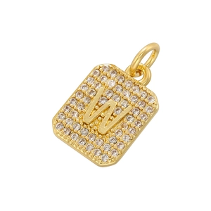 Detail of gold rectangular pendant with letter W featuring full pavé cubic zirconia