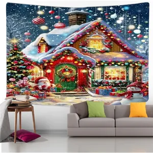 Detail of Christmas tapestry featuring a snowy red holiday house and festive snowman