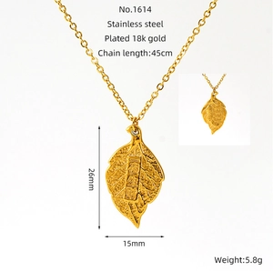 Detail of 18k gold plated leaf pendant with fine textures and dimensions specs