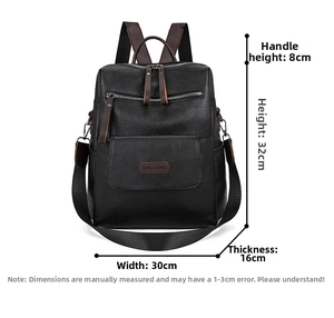 Detailed view of black PU leather backpack showing height 32cm and width 30cm dimensions