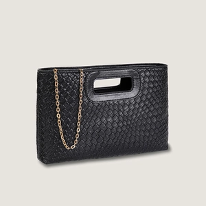 Women's black woven PU handbag with gold chain strap and top handle in a sleek design
