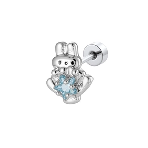 Cute silver rabbit stud earring with a blue star gemstone on a white background