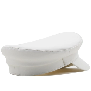 Detail shot of white PU leather flat top navy hat featuring stitching and side profile view