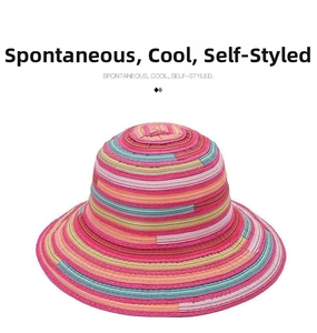 Detail of colorful striped straw hat with woven texture for sun protection on beach