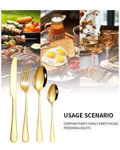 Detailed view of gold stainless steel cutlery set with mirror finish for elegant dining