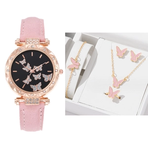 Rosa Schmetterlings-Uhrenset mit Goldschmuck, Armband und Halskette in einer Geschenkbox