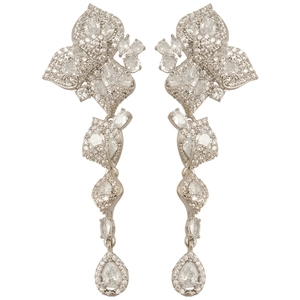 Luxury sparkling zircon petal earrings with long tassel water drop leaf pendants in silver