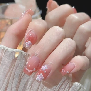 Cherry Blossom Pink Gradient Press On Nails Artificial Pearl Decor White Lines Sweet Floral Square Short Fake Nails For Women