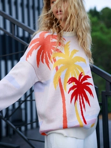 Women Pullover Sweater Cotton Blend Palm Tree Jacquard Round Neck Long Sleeve Oversized Loose Knitwear Casual Top