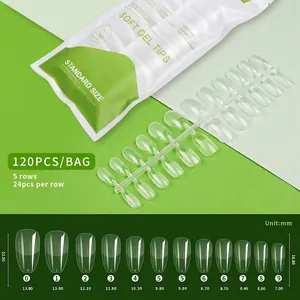 Detailed size chart for clear ballerina press-on nails showing width and length in mm