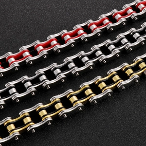 Three-color steel motorcycle chain bracelets in gold, black, and silver finishes