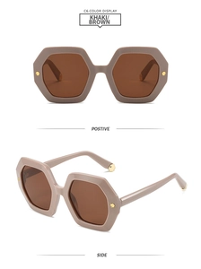 Front and side view of hexagonal khaki sunglasses with brown lenses and metal rivet detail