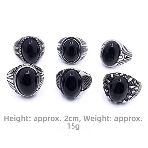 Set of 6 vintage men's silver rings with black onyx stones showing detailed dimensions