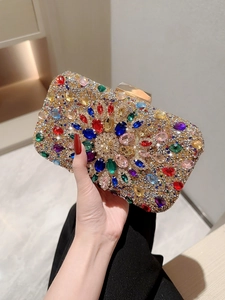 Sparkling crystal evening clutch bag with gold frame and colorful floral rhinestone patterns