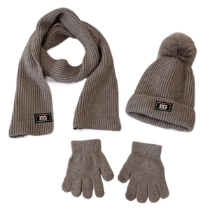 Grey 3-piece kids winter knit set featuring warm beanie with pompom, scarf and gloves