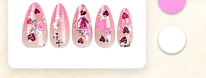 Pink gradient press-on nails with heart gemstones and glitter sequins on white card