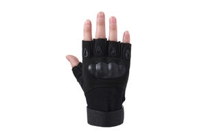 Detail of tactical half-finger gloves featuring a hard protective shell and vent holes