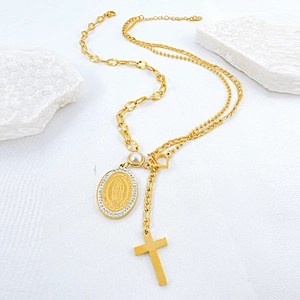 Layered gold titanium steel necklace with Virgin Mary pendant, cross and pearl accents