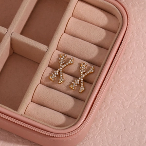 Detail shot of gold-plated X-shape bone earrings with pavé crystals in a jewelry box
