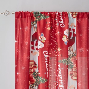 Red Christmas curtain featuring Santa Claus and tree prints with Merry Christmas text