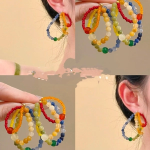Rainbow Beaded Hoop Earrings With 925 Sterling Silver Earring Post Colorful Natural Stone Summer Retro Jewelry For Women