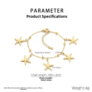 Close-up of gold stainless steel bracelet with five detailed starfish charms and beads