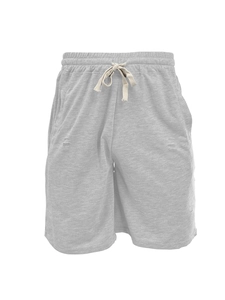 Detailed macro view of gray knitted shorts featuring a drawstring waist and distressed texture