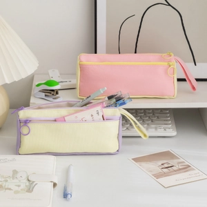 Large capacity canvas pencil case with multi-color patchwork design and portable handle