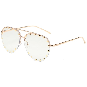 Classic gold rimless aviator sunglasses with stylish rivets and dual bridge metal frame