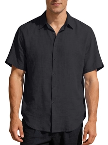 Men's casual black short sleeve linen shirt with button-down lapel collar design