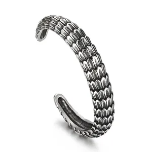 Stainless Steel Open Bangle Bracelet Vintage Dragon Scale Twist Rope Textured Punk Retro Cuff Jewelry For Men